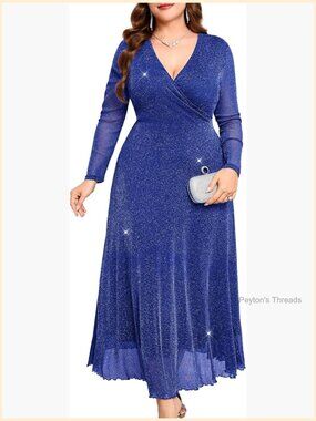 Plus Size Sparkly Mesh V-Neck Wrap Maxi Dress A-Line Glitter Gown